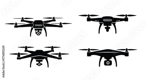 Black drone silhouettes in varying perspectives a modern aerial technology