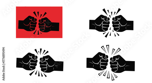 Stylized depictions of fists colliding shown in various color schemes