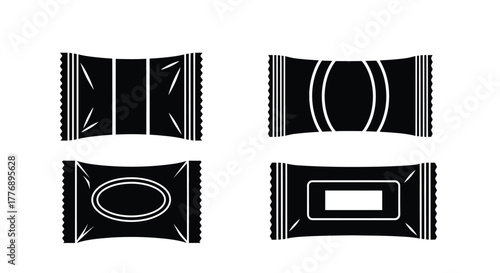 Black and white illustrations of various rectangular snack packaging designs