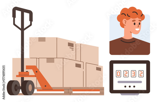 Pallet jack moving stacked boxes on wooden pallet, digital inventory counter, worker portrait. Ideal for logistics, inventory management, shipping, teamwork, productivity, supply chain modern tools