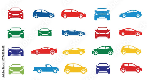 Collection of colorful car icons arranged in a grid pattern