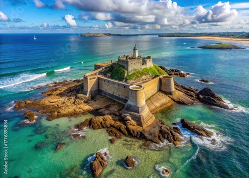 Ancient medieval fortress on rocky coastline with a bay and a lighthouse in Saint Malo