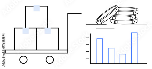 Cart with boxes alongside stacked coins and bar graph signifies trade, economy, logistics, and business analysis. Ideal for finance, supply chain, growth strategy, market trends, investment