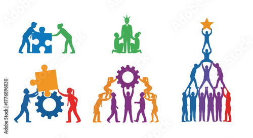 Colorful silhouettes depicting teamwork collaboration and successful group effort