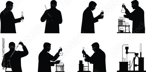 Laboratory silhouette, scientist working, chemical experiment, pipette usage, test tube analysis, flask handling, research process, science lab, black vector illustration