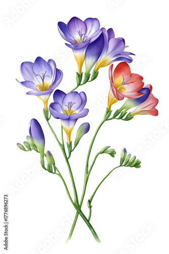 Vibrant bouquet of delicate purple and coral freesia flowers, blooming with natural elegance and fresh beauty, perfect for spring and summer designs