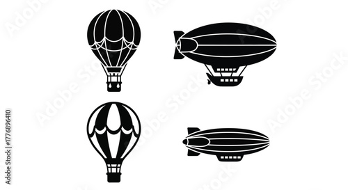 Black and white illustration of hot air balloons and airships