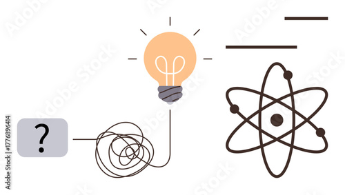 Tangled line connecting question mark to glowing light bulb and atom structure, symbolizing problem-solving, innovation, science, exploration, creativity, critical thinking, and solutions as a simple