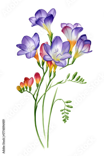 Vibrant purple and pink freesia flowers bloom with delicate grace, perfect for adding natural beauty to any design project.