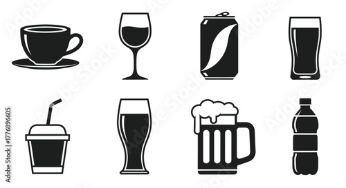 Variety of beverages in black and white including coffee wine and soda