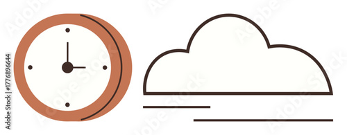 A simple clock with a brown frame and a stylized cloud with lines suggesting motion. Ideal for time management, scheduling, weather, seasons, climate, productivity, simple flat metaphor