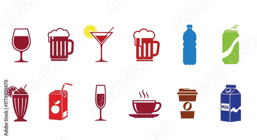 Variety of beverage icons depicting different drinks in flat vector style