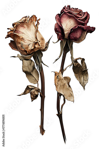 Two elegant dried roses with delicate wilting petals and textured leaves evoke a sense of poignant beauty and fading charm.