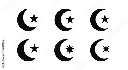 Simple black and white illustration featuring crescent moons and stars