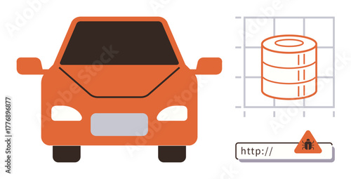 Self-driving car linked to a database, with a warning showing potential cybersecurity risk. Ideal for technology, AI, transportation, cybersecurity, innovation, connectivity and automation. Simple