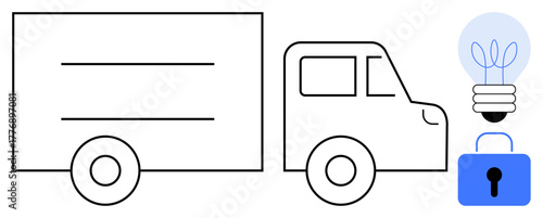 Delivery truck, lightbulb with leaves, and lock symbolize transportation, eco-friendly innovation, and security. Ideal for logistics, environment, safety, technology business growth reliability