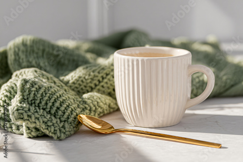 Cozy winter ceramic mug mockup with gold spoon and knitted green blanket, warm natural sunlight, neutral minimalist lifestyle scene, soft aesthetic photography for branding and product display