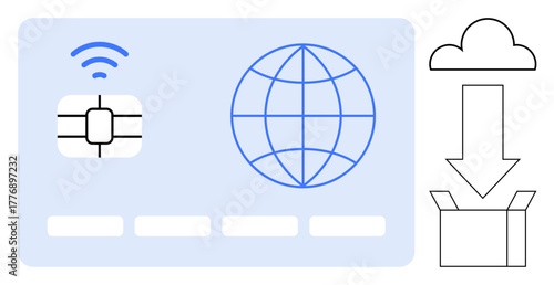 Smart card with chip, wireless signal, globe illustrating global connectivity, cloud icon, and download process to box. Ideal for technology, data transfer, cloud storage, globalization digital