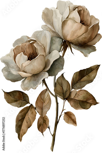 Elegant vintage watercolor roses in muted earthy tones, perfect for sophisticated invitations, branding, and romantic designs.