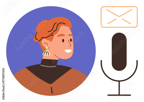 Person presenting content with a microphone, next to an email icon. Ideal for podcasts, communication, online learning, digital marketing, remote work, networking, customer support simple flat