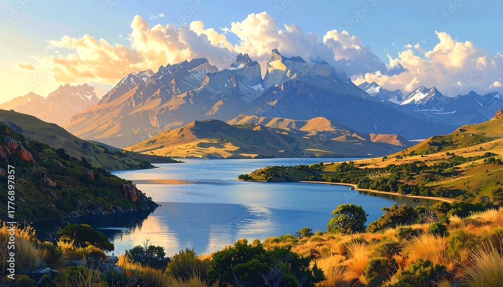 Naklejka premium A scenic vista of a lake reflecting mountains under a partly cloudy sky, with foreground greenery