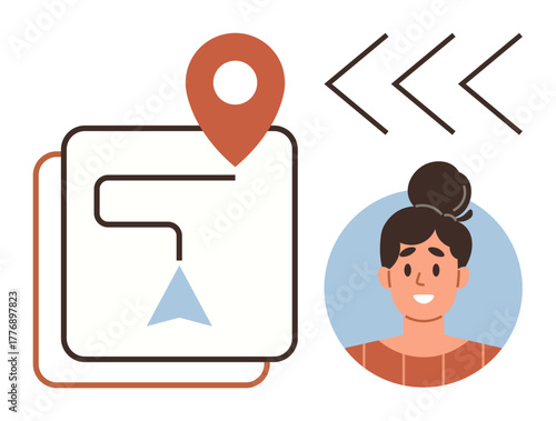 GPS map with route, red location pin, right-facing arrows beside woman s smiling portrait. Ideal for navigation, technology, journey planning, travel, user guidance, route optimization personal