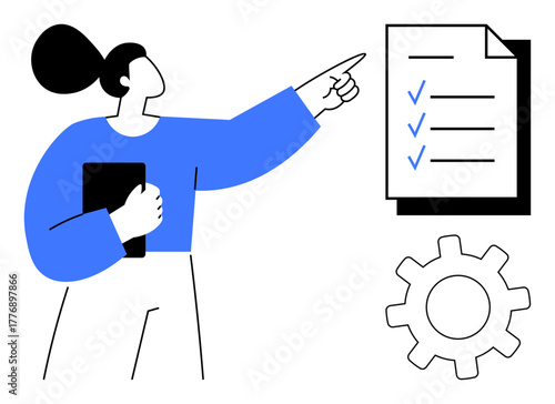 Woman holding document, pointing at checklist, and gear symbolizing task management, planning, efficiency, productivity, team coordination, business workflow goal setting. Simple flat metaphor