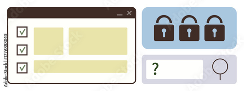 Browser window with checklist, three padlocks representing security, and a search bar with a question mark. Ideal for productivity, security, search, organization, technology, digital tools simple