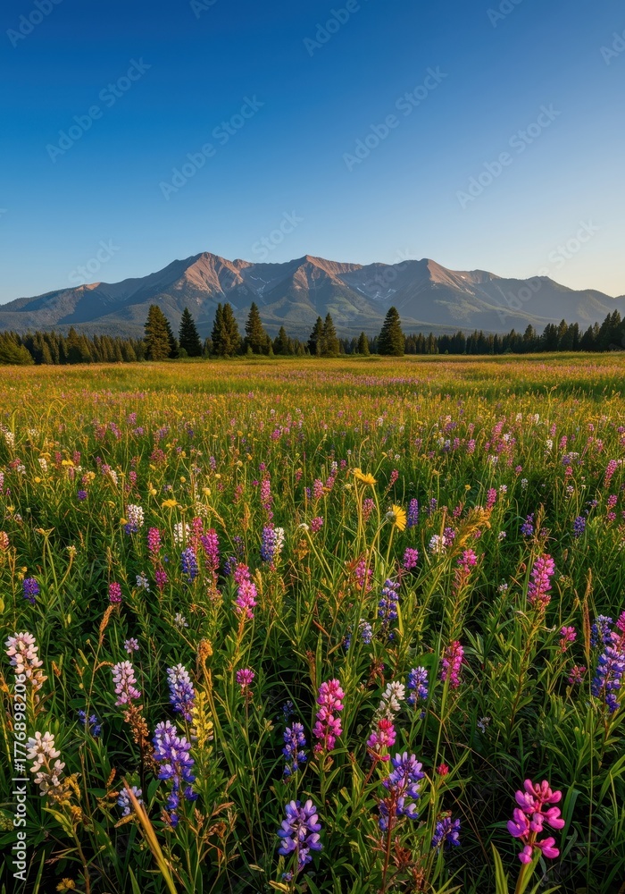 Fototapeta premium A vast, colorful meadow filled with blooming wildflowers stretches toward the distant, rugged mountain range under a clear blue summer sky ,alpine, bloom, sunlight