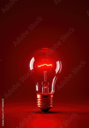 A vivid red incandescent lightbulb glows brightly against a seamless matching crimson red background, symbolizing energy, caution, and a new idea ,creativity ,isolated ,illumination
