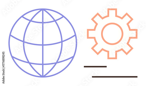 Simple globe and gear graphic with connecting lines highlighting global operations, systems, connectivity, and innovation. Ideal for technology, network, teamwork, global reach, solutions progress