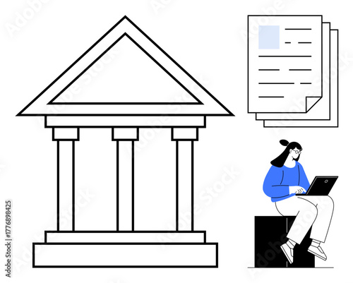 Courthouse facade with pillars, legal documents, and a student using a laptop. Ideal for education, law, justice, digital learning, court systems research and work-life balance themes. Simple flat