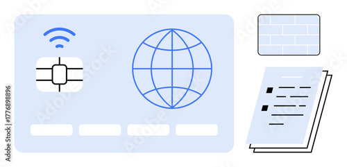 Digital card featuring a global grid, security chip, and signal, stacked papers, and a password block. Ideal for identity, verification, data, connectivity technology documentation cybersecurity
