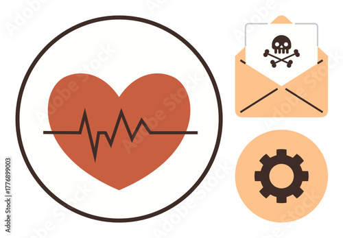 Heartbeat monitor inside a circle, virus alert in an email envelope, and gear representing system operation. Ideal for healthcare, cybersecurity, technology, risk management, diagnostics, teamwork