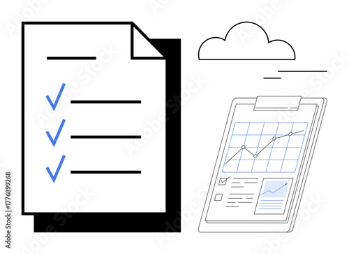 Checklist marked with blue checks beside a clipboard displaying data graphs and trends. Ideal for productivity, data analysis, planning, business strategy, reporting, workflow, evaluation. Simple