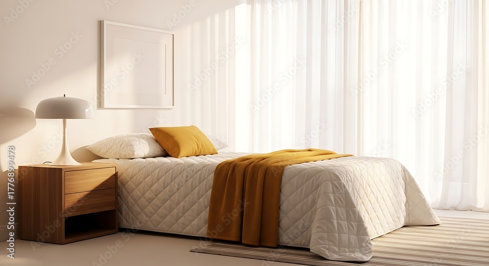 Fototapeta premium Bright and inviting bedroom with a comfortable bed, nightstand, and lamp, bathed in natural light