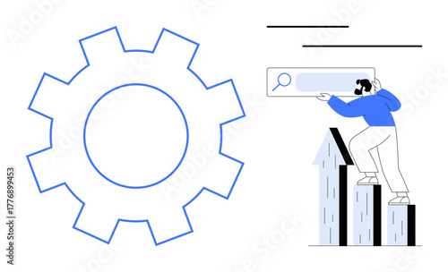 Man climbing growing bar chart, using magnifying glass for search and analytics. Large gear symbolizes system improvement. Ideal for growth strategy, business progress, productivity, teamwork