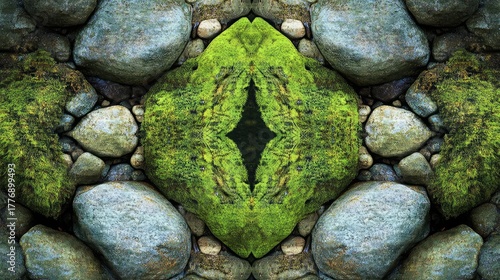 A rock with a green moss growing on it