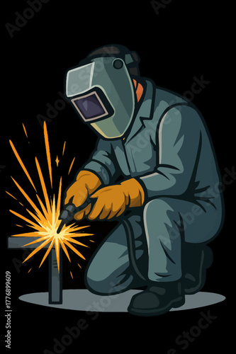 Vector illustration of a professional welder in a protective mask and suit, joining metal pieces with bright flying sparks