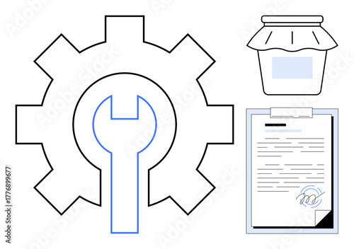 Gear with wrench inside, signed clipboard, and a labeled jar. Ideal for maintenance, settings, agreement, organization, productivity tasks and business. Simple flat metaphor