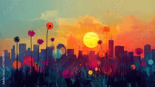 A painting of a city with a large sun in the sky