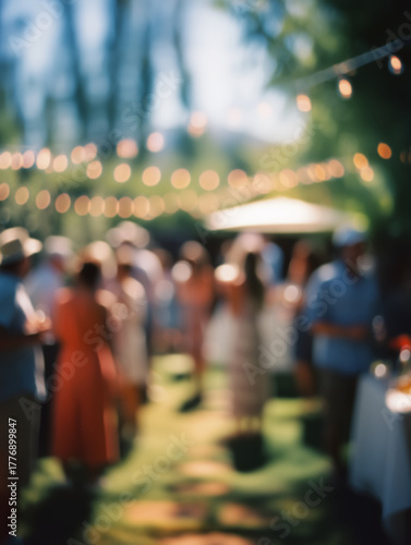Wallpaper Mural Sunny garden party background with blurred people and string lights, perfect for event invitation design or lifestyle photography mockup Torontodigital.ca