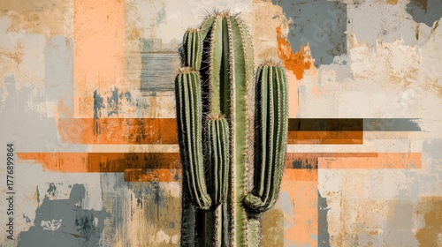 A cactus is standing in front of a wall with a striped pattern
