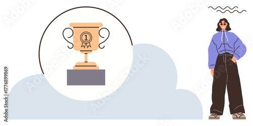 Golden trophy on a pedestal within a cloud-thumbs up shape, symbolizing success and recognition. A confident woman stands beside in stylish attire. Ideal for success, achievement, motivation, goal
