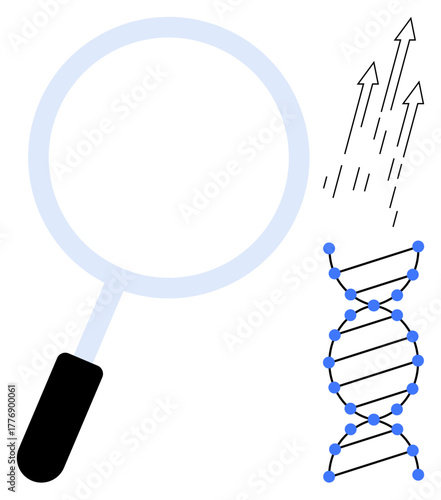 Magnifying glass analyzing DNA strand with directional arrows illustrating growth, discovery, and advancement. Ideal for research, science, technology, genetics, progress, biology simple flat