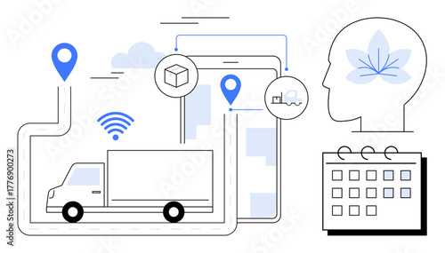 Delivery truck on smart route with location points, wireless connection, calendar, head with flower motif, and tracking icons. Ideal for supply chain, planning, IoT, mental clarity technology