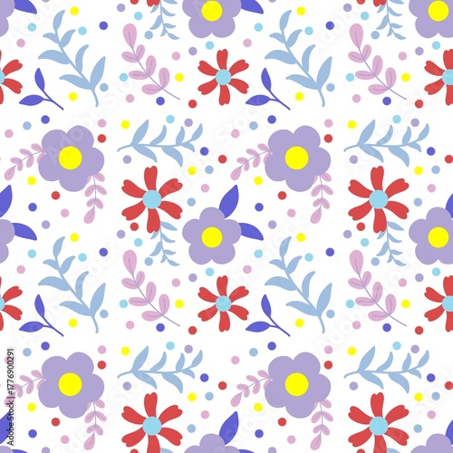 Cheerful Floral Bloom Vector – Colorful Seamless Flower Pattern on White Background for Modern Textile and Wallpaper Design
