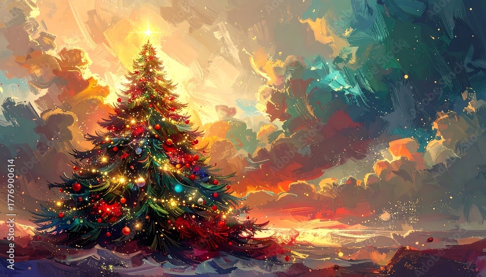 Fototapeta premium A festive Christmas tree, adorned with ornaments and lights, glows warmly against a vibrant, painterly sky filled with clouds