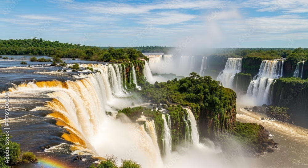 Naklejka premium Majestic iguazu falls cascade with lush green jungle and a rainbow in the mist amazon