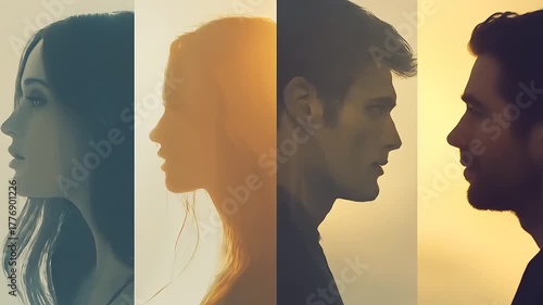 Contrasting profiles showcase human diversity through different skin tones and genders against light and shadow interplay with artistic vision